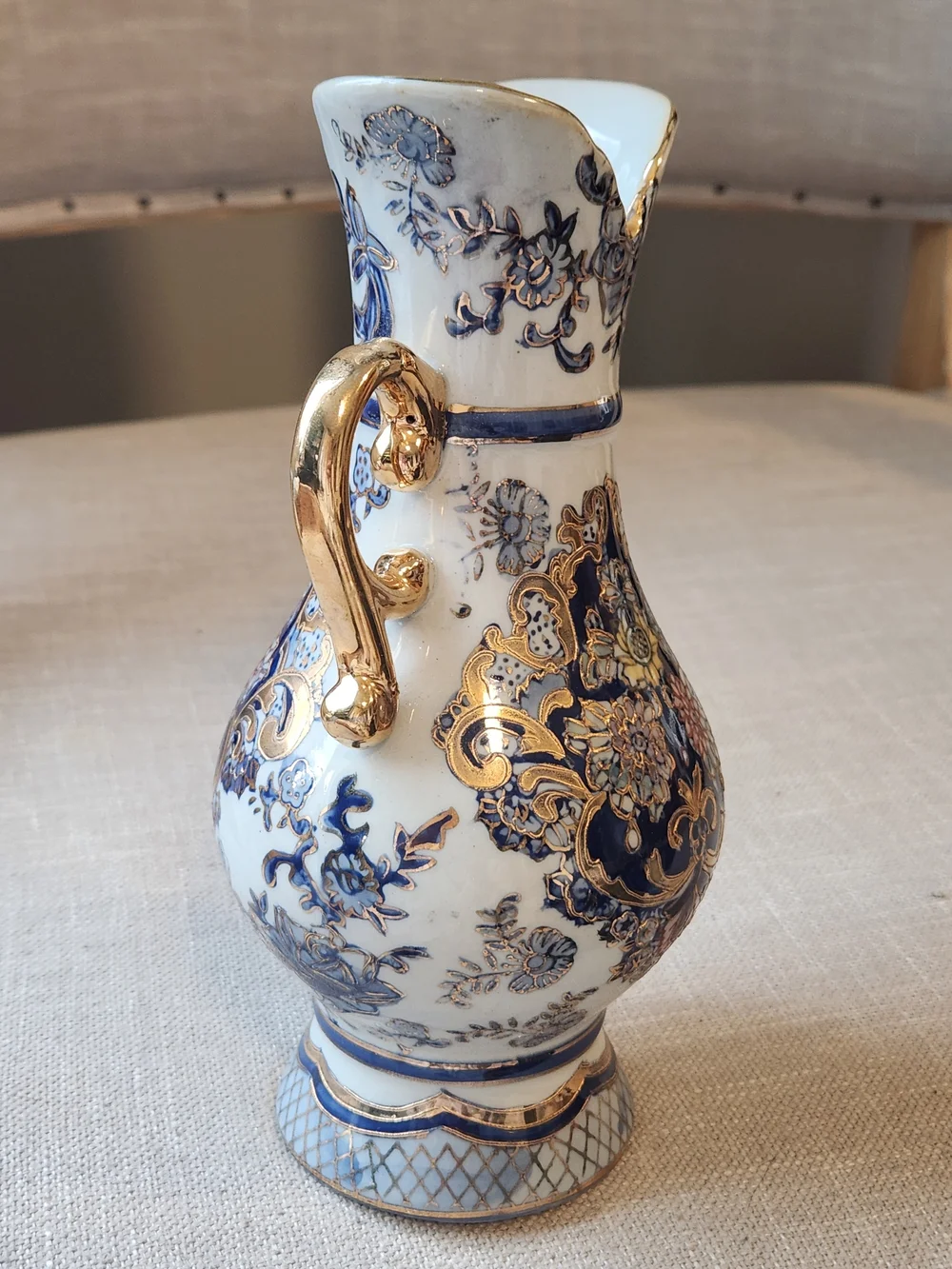 Vintage Handpainted White Blue and Gold Decorative Double-Handled Porcelain Vase - Picture 2 of 11